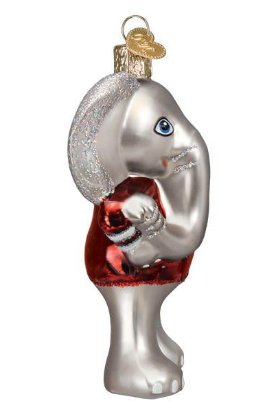Glass Alabama Big Al elephant ornament in silver and crimson with glitter accents and a gold hanging charm.