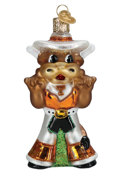 Old World Christmas glass Bevo Longhorn ornament wearing a white cowboy hat and orange and white western attire.