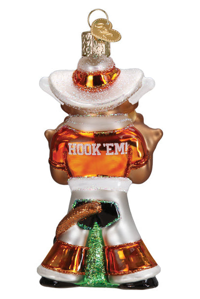 Old World Christmas glass Bevo Longhorn ornament wearing a white cowboy hat and orange jersey with Hook 'Em text.