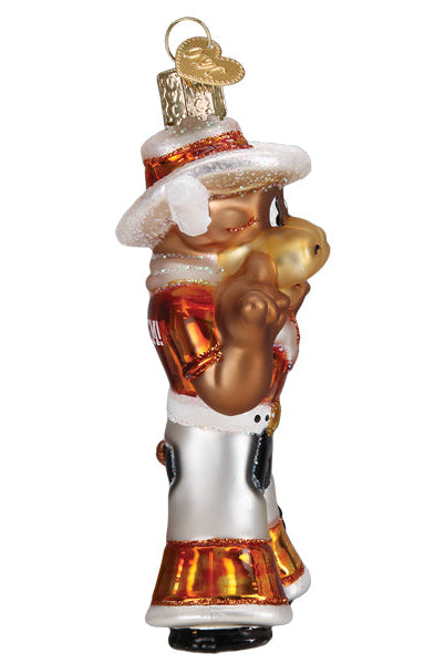Old World Christmas glass Bevo Longhorn mascot ornament wearing a white cowboy hat and orange and silver outfit.