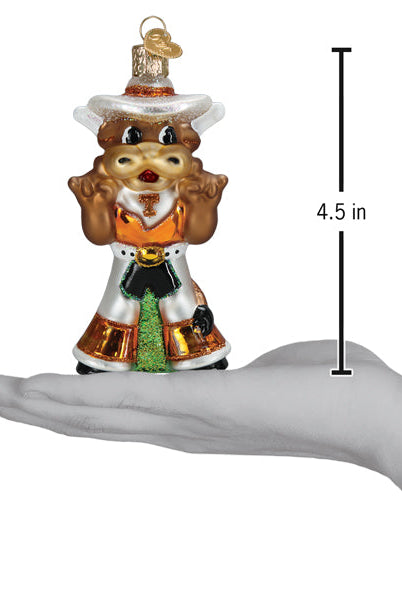 4.5-inch glass Bevo Longhorn mascot ornament wearing a white cowboy hat and orange Texas Longhorns outfit.
