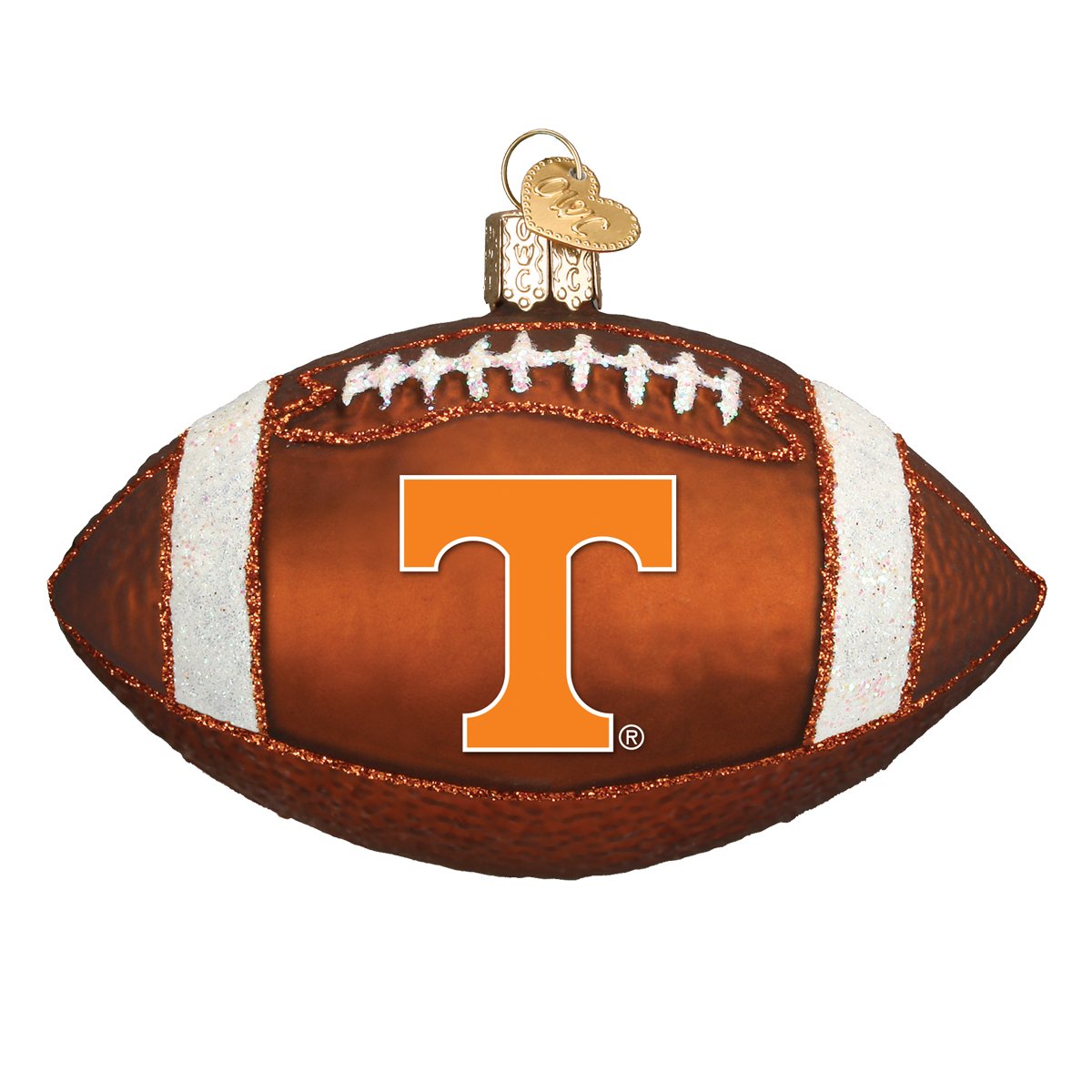 Brown glass football ornament featuring the orange Tennessee Volunteers T logo with white glitter accents.