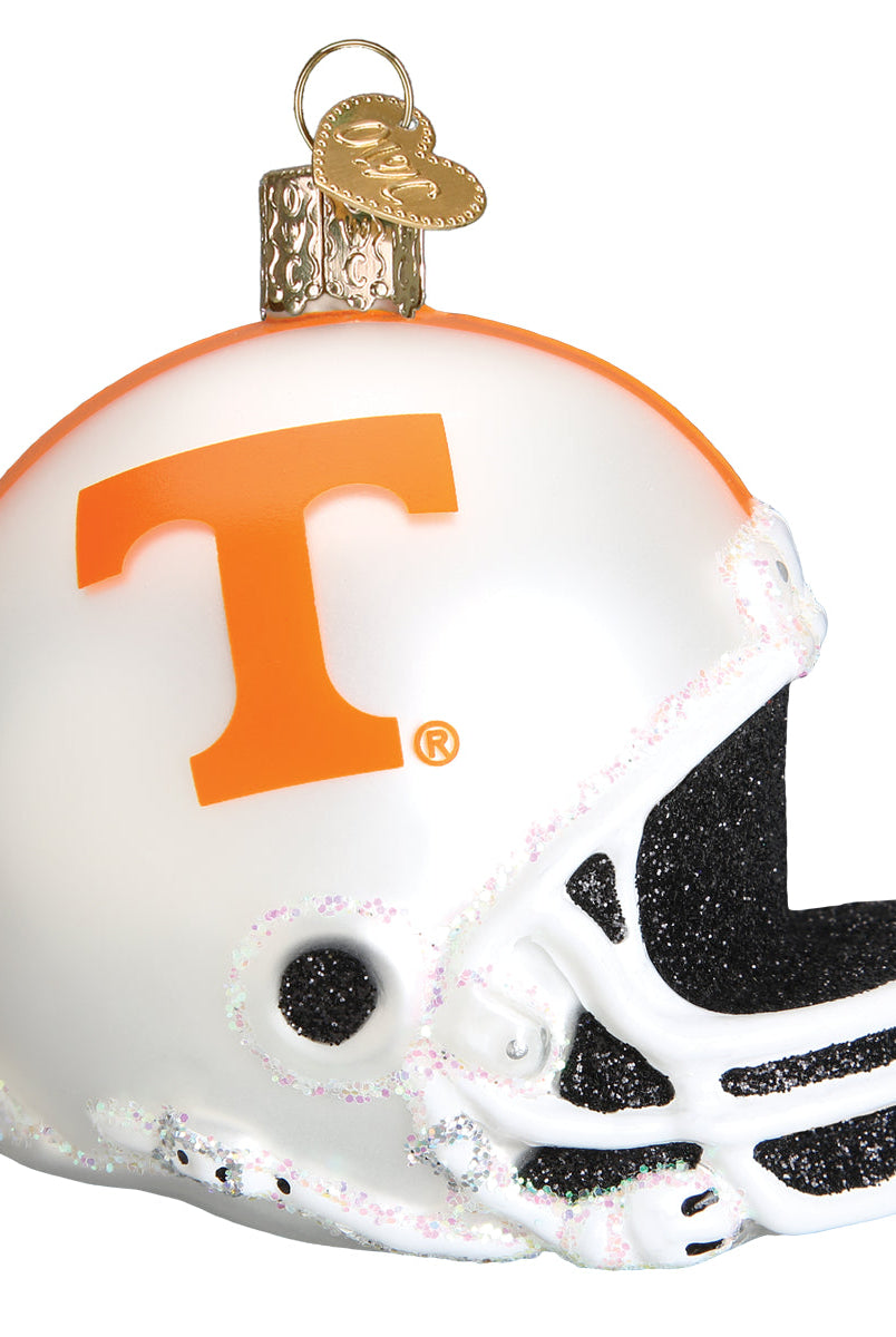 Tennessee Volunteers glass football helmet ornament with a white shell, orange T logo, and black glitter facemask.
