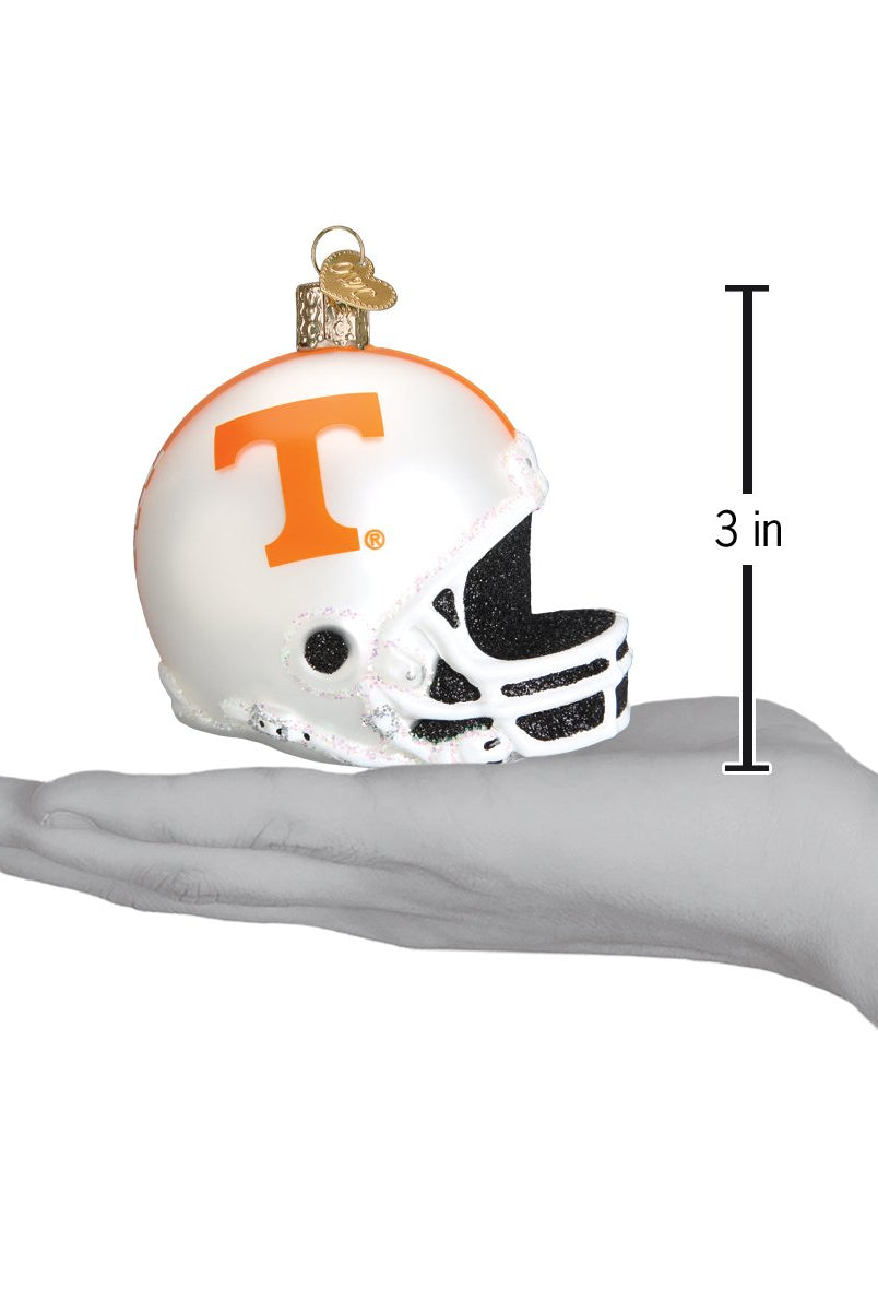 3-inch white Tennessee Volunteers football helmet glass ornament with orange T logo and black glitter face mask.