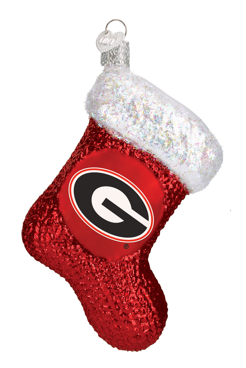 Red glittery Georgia Bulldogs stocking ornament with a white iridescent cuff and a silver hanging loop.