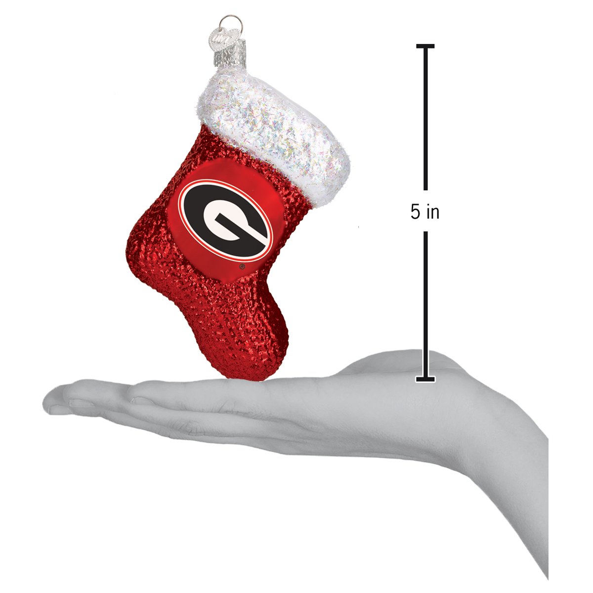 5-inch red glittery Georgia Bulldogs stocking ornament with a white iridescent cuff held in a hand.