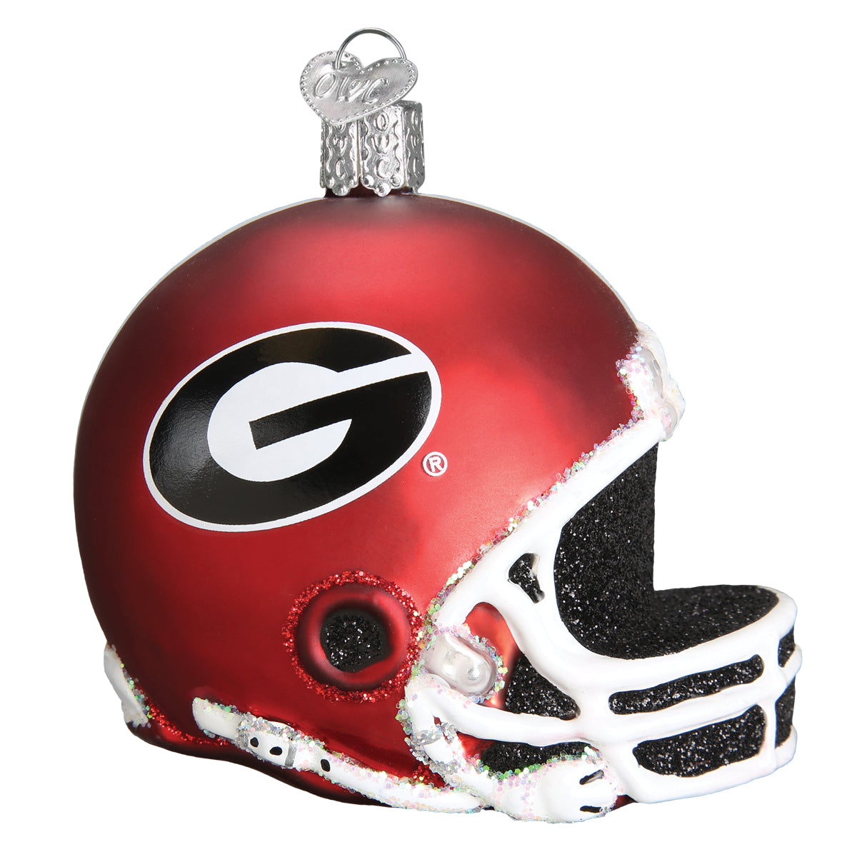 Red glass Georgia Bulldogs football helmet ornament with a black G logo, white facemask, and glitter accents.