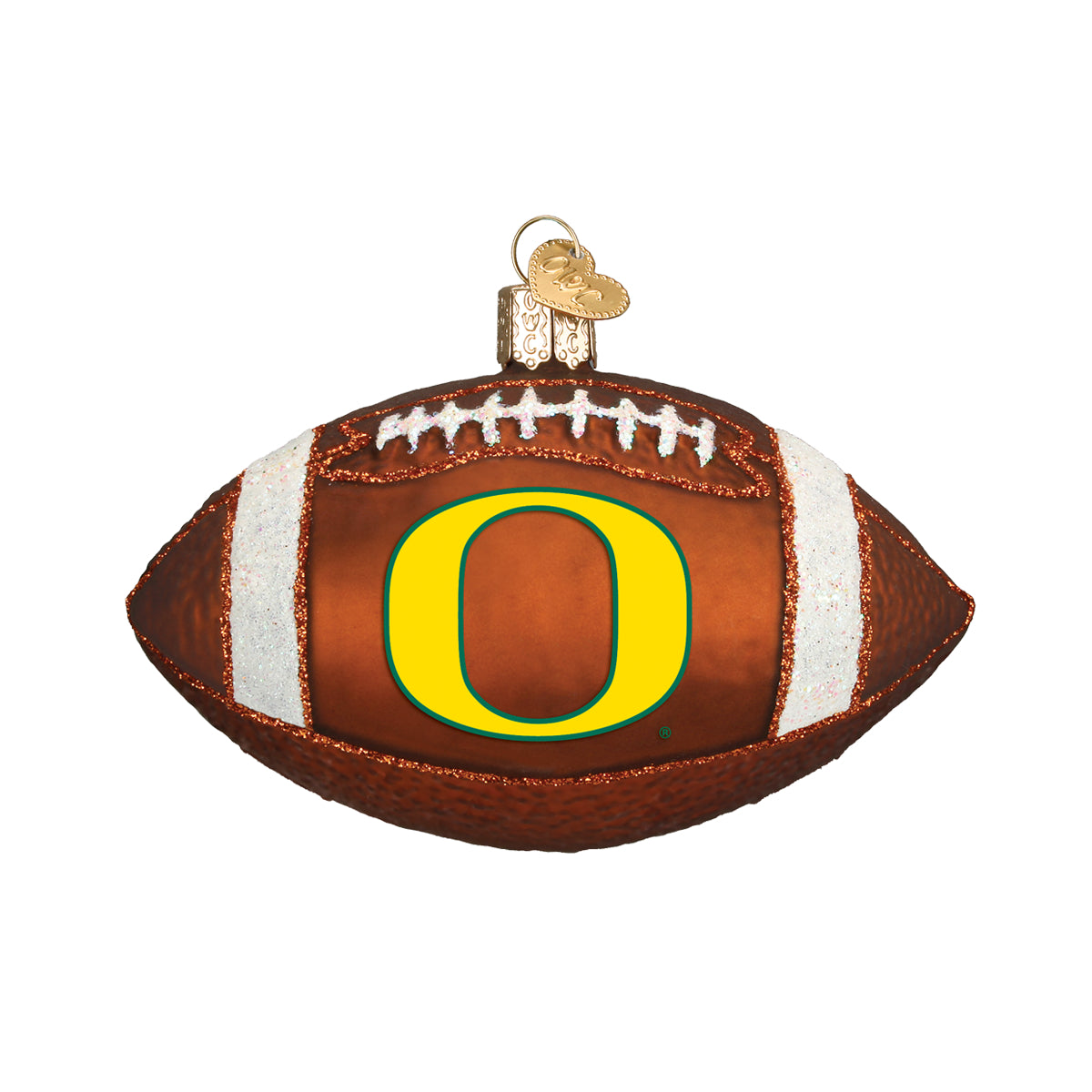 Brown glass football ornament featuring the yellow and green Oregon Ducks O logo with white glitter laces and stripes.