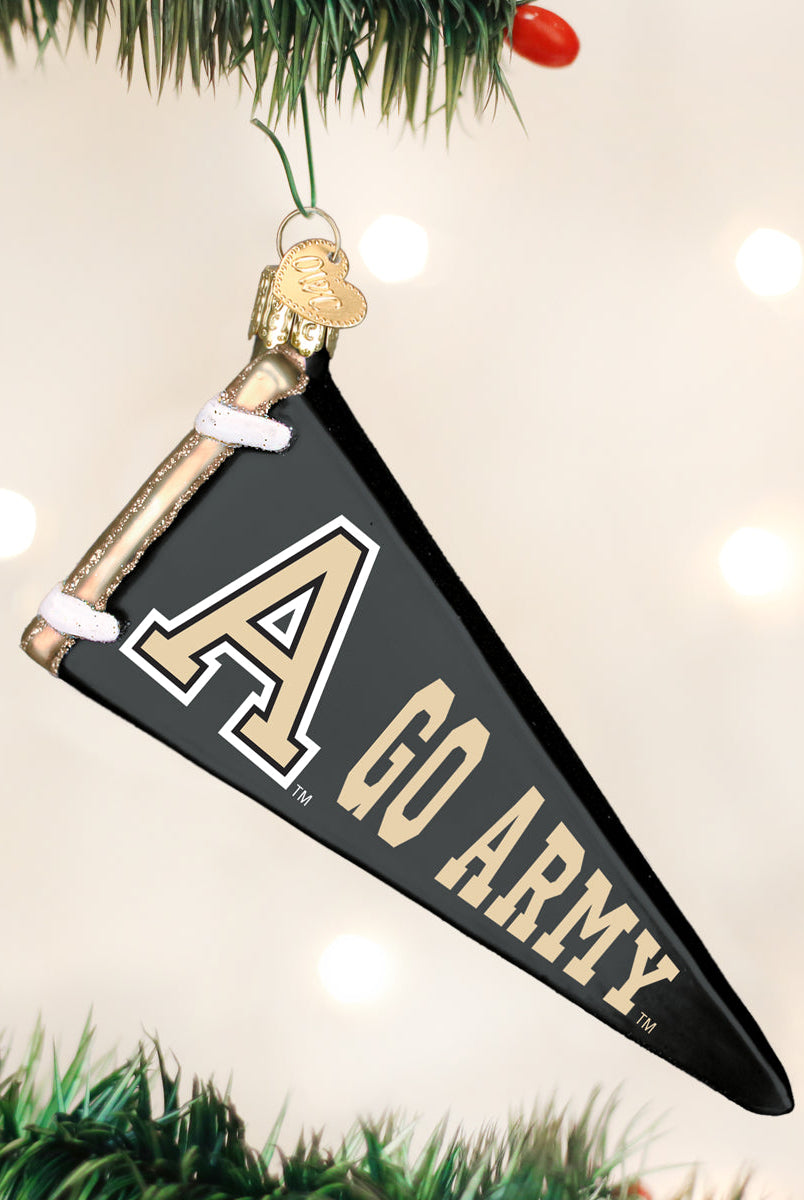 Black glass pennant ornament featuring a gold A logo and Go Army text, hanging from a gold-capped loop.