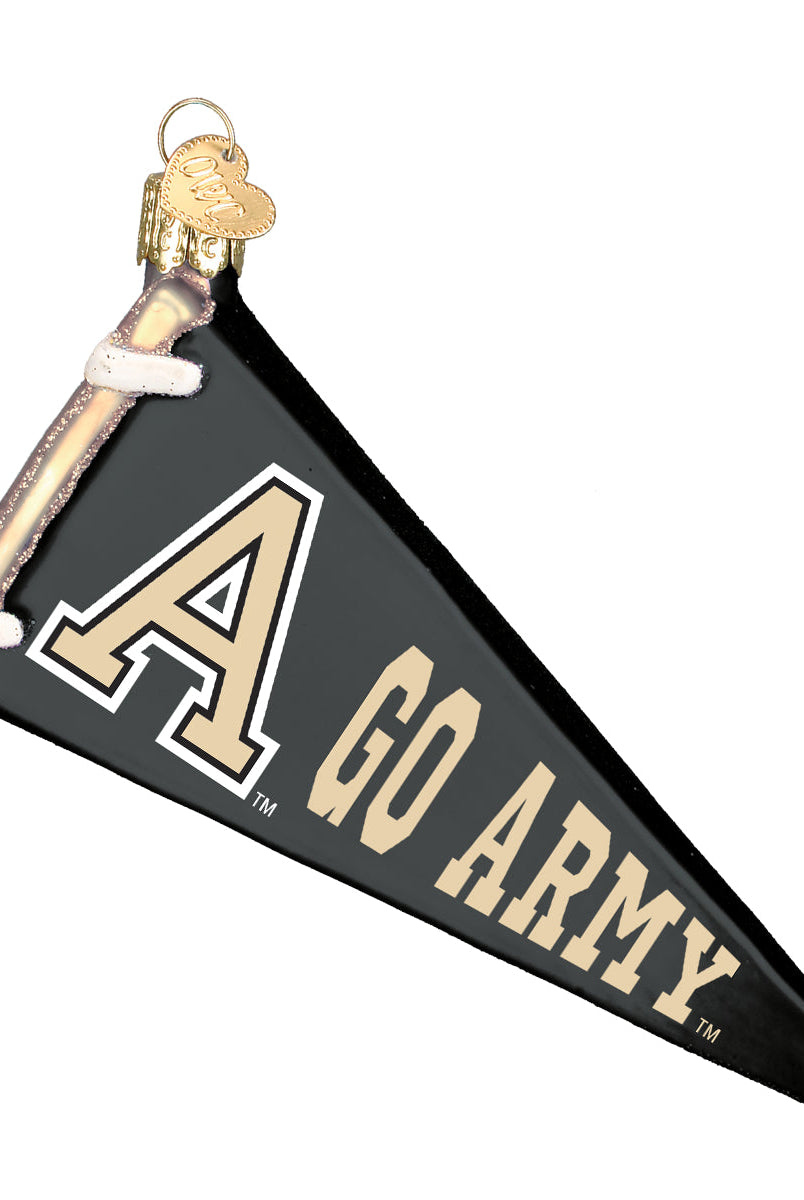 Black glass pennant ornament featuring the gold Army A logo and Go Army text with a gold hanging loop.