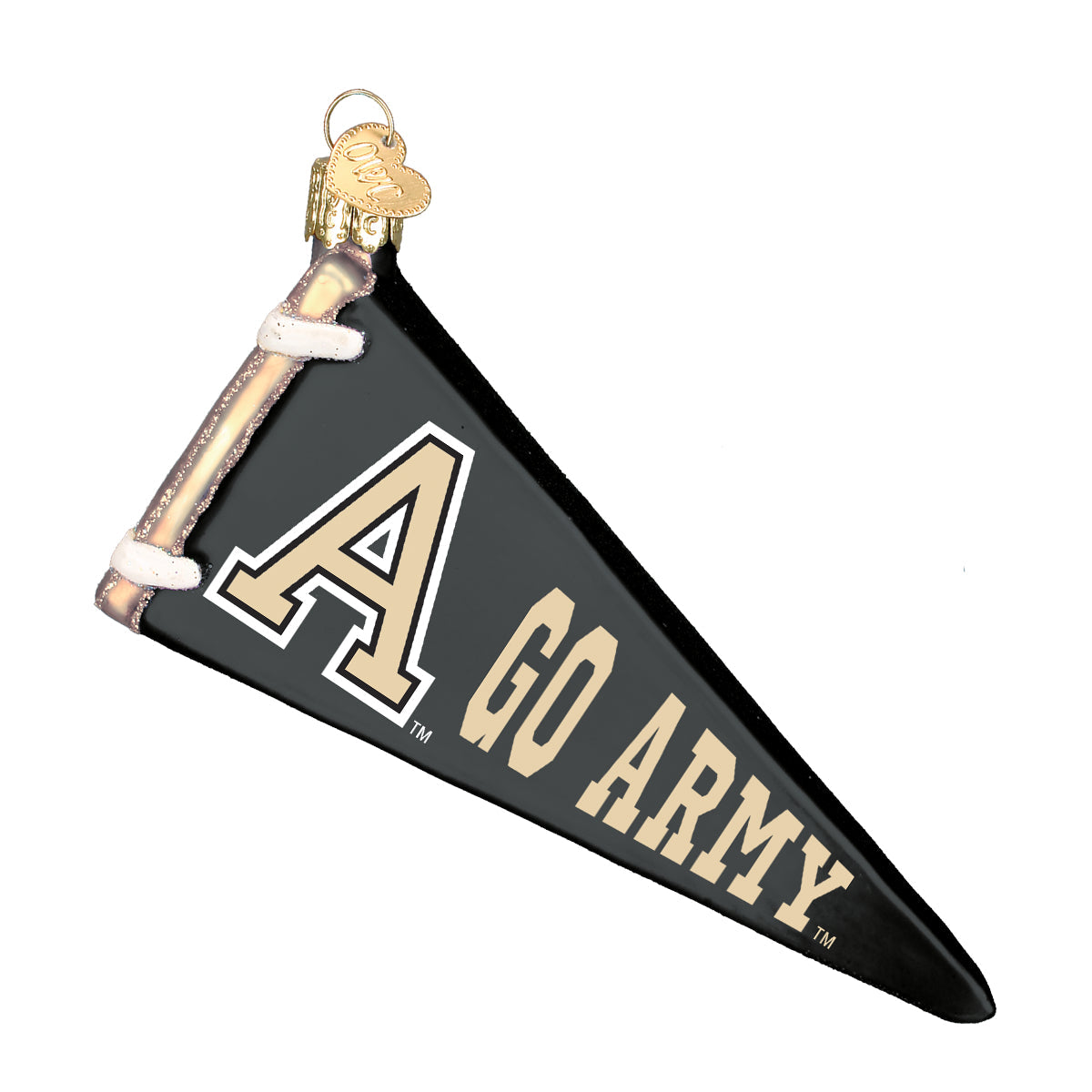 Black glass pennant ornament featuring the gold Army A logo and Go Army text with a gold hanging loop.