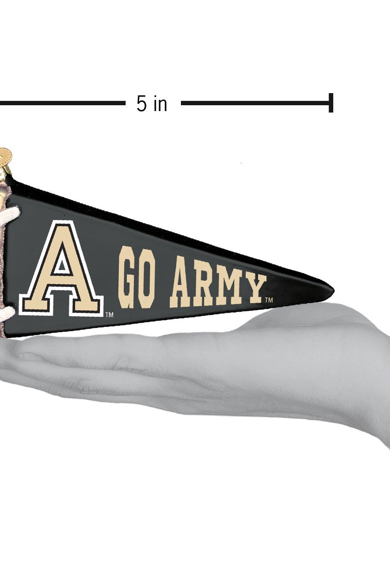 5-inch black and gold glass Army pennant ornament with Go Army text, held in a hand for scale.