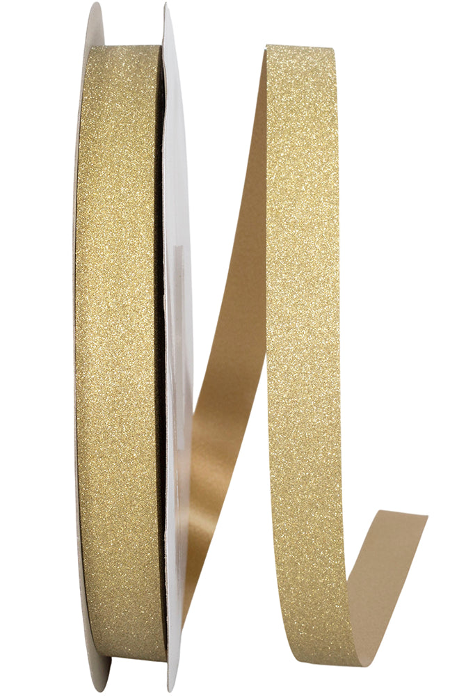 Spool of gold glitter ribbon showing matte tan backing and sparkle