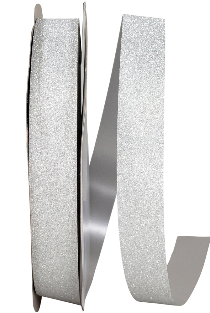 Spool of 100-yard silver diamond dust ribbon showing front and back