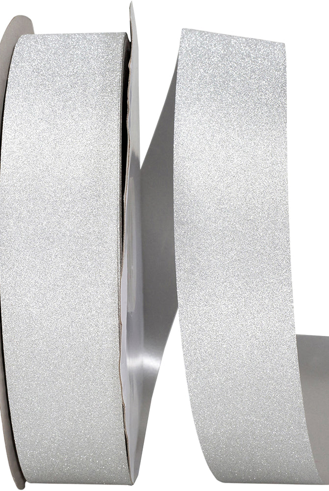 Spool of silver diamond dust glitter ribbon unrolling