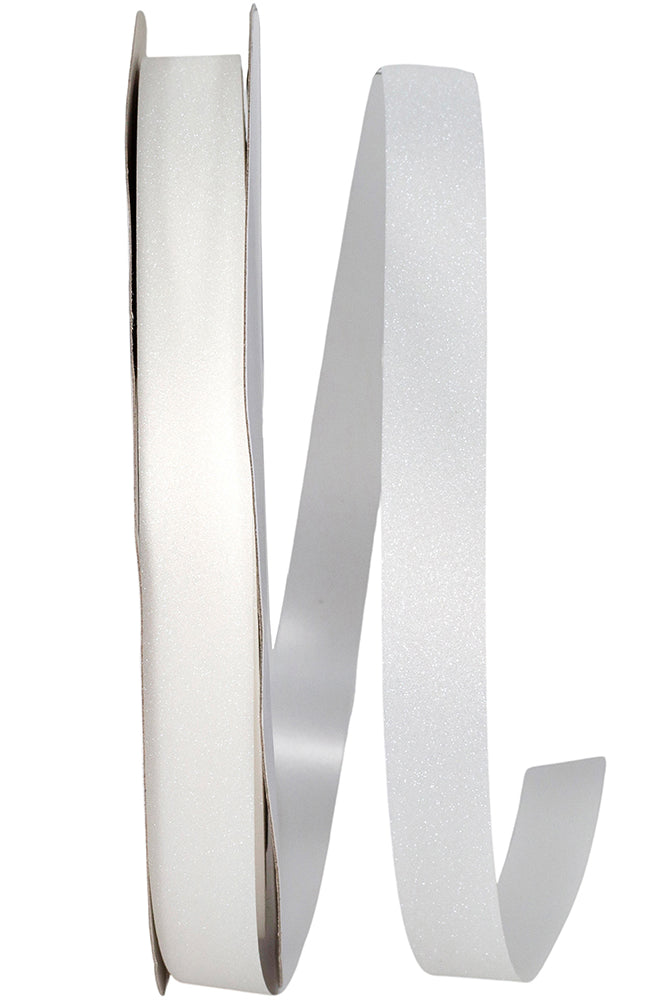 Spool of white jewel dust ribbon unrolling to display shimmering fabric and flexibility