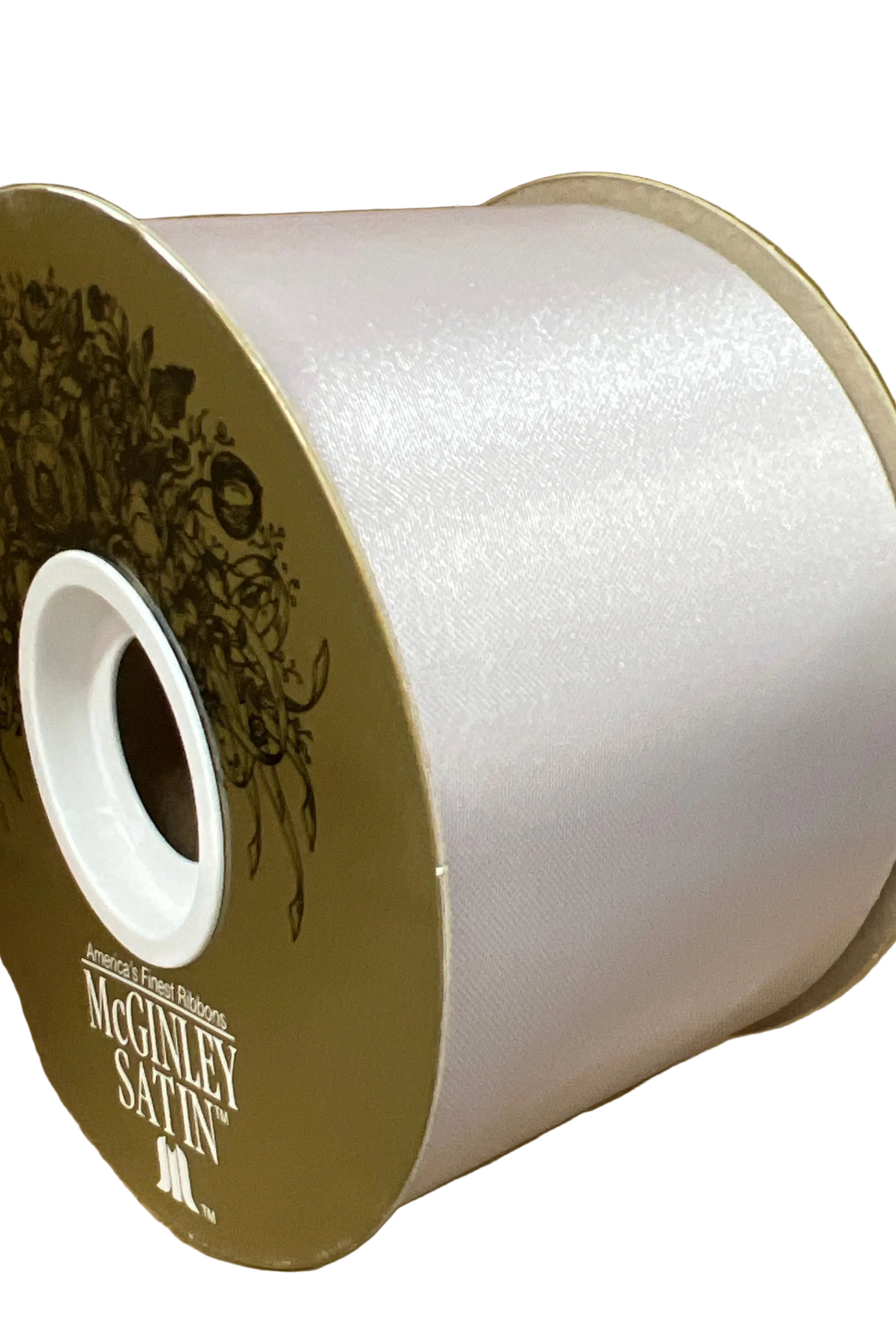 2.5-inch silver grey McGinley satin acetate ribbon spool, non-wired, 100-yard roll for crafts and floral arrangements.