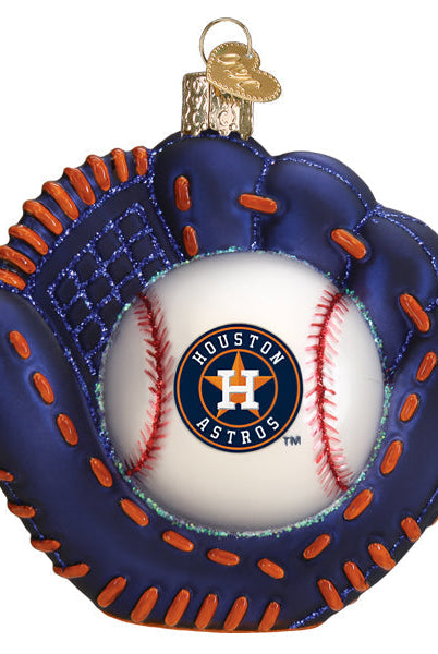 Houston Astros baseball mitt Christmas ornament in navy blue with orange stitching and a central team logo baseball.