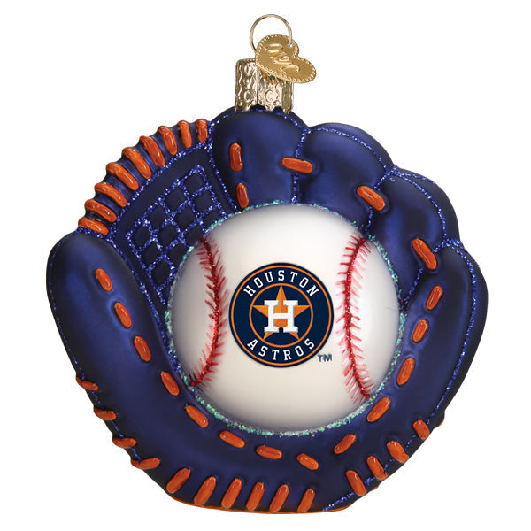 Houston Astros baseball mitt Christmas ornament in navy blue with orange stitching and a central team logo baseball.