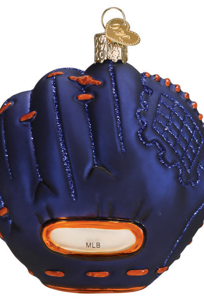 Blue glass Houston Astros baseball mitt Christmas ornament with orange stitching and a gold MLB logo charm.