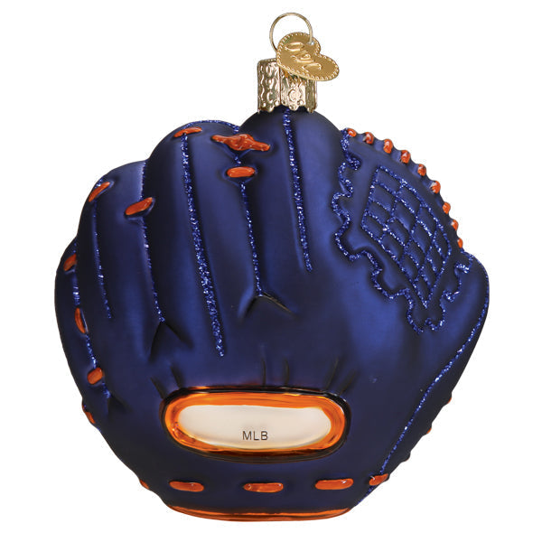 Blue glass Houston Astros baseball mitt Christmas ornament with orange stitching and a gold MLB logo charm.