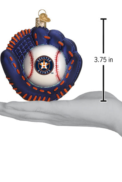 3.75-inch glass Houston Astros baseball mitt ornament with a team logo ball held in a hand.