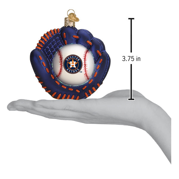 3.75-inch glass Houston Astros baseball mitt ornament with a team logo ball held in a hand.