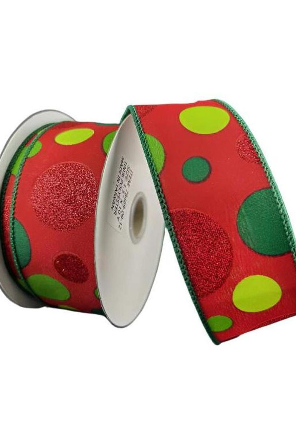 1.5" Glitter Dots Red Ribbon: Green and Lime (10 Yards)