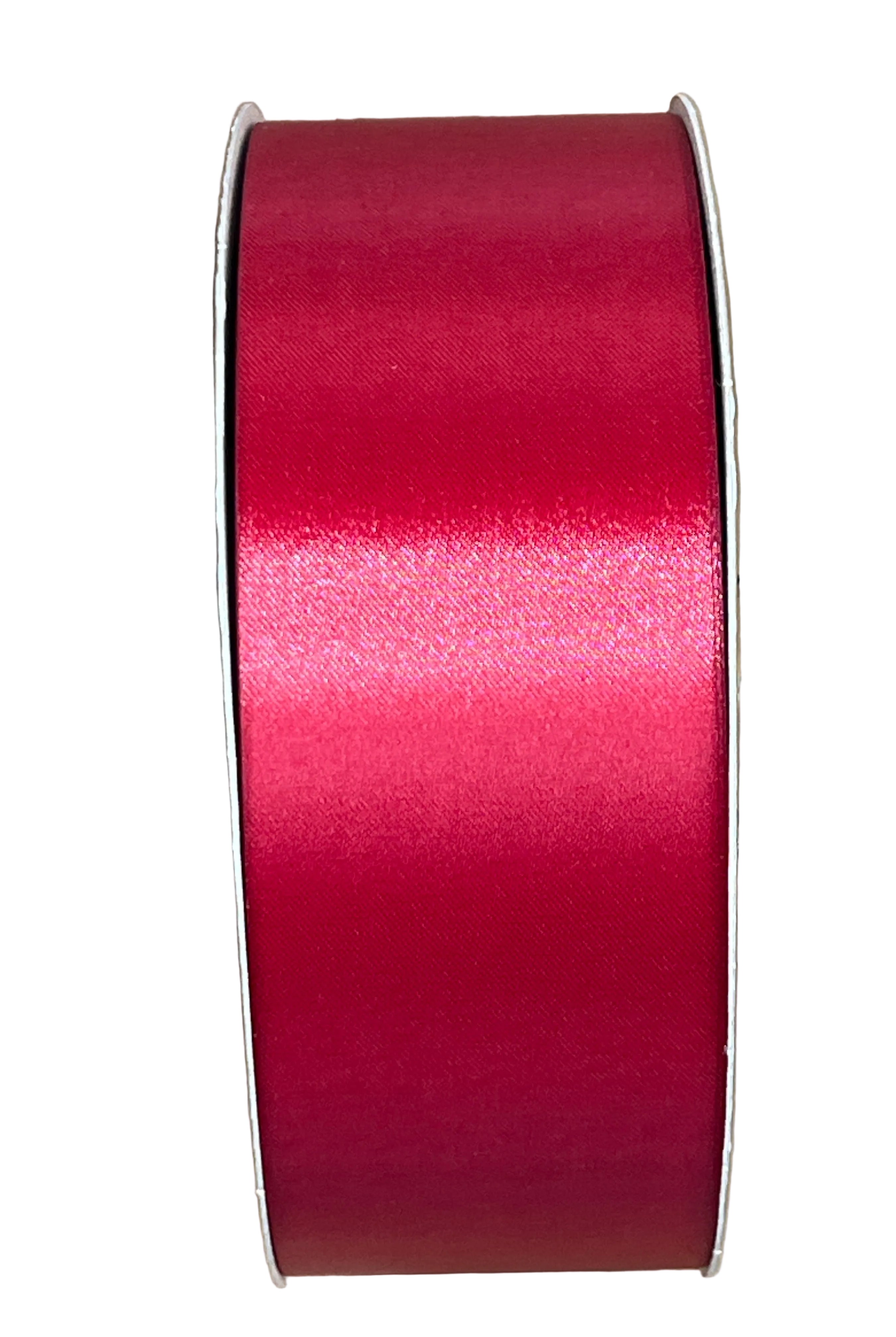 Two-inch wide holiday red satin acetate ribbon spool with a smooth, non-wired finish for crafts and floral decor.