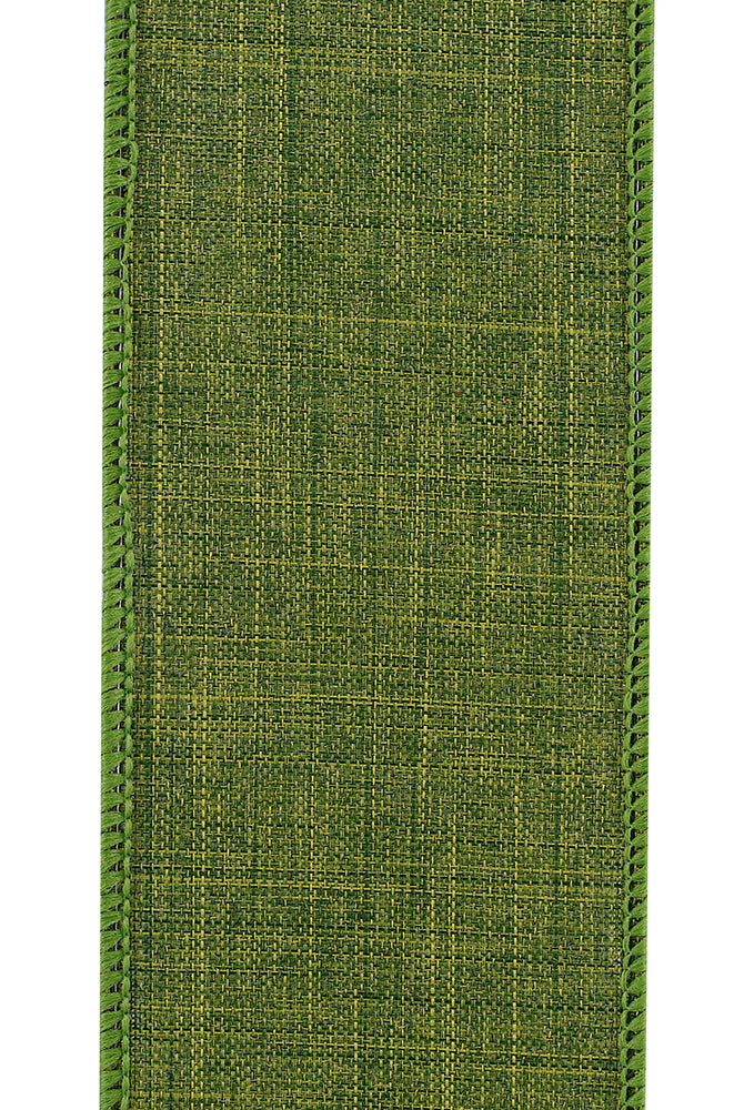 2.5-inch moss green linen ribbon with a textured weave and stitched wired edges for crafting and decor.