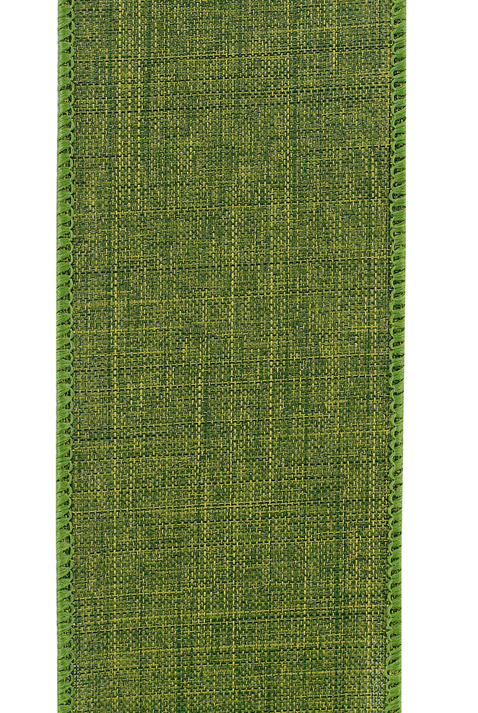 2.5-inch moss green wired linen ribbon with a textured fabric weave and stitched edges.