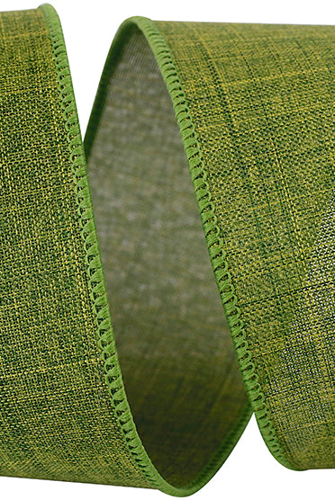 2.5-inch moss green linen ribbon with a wired edge, perfect for crafting and decorative bows.