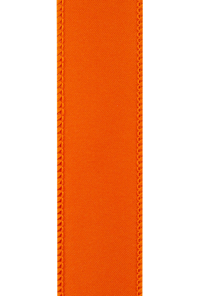 1.5-inch vibrant orange satin ribbon with a stitched wired edge for easy shaping and crafting.