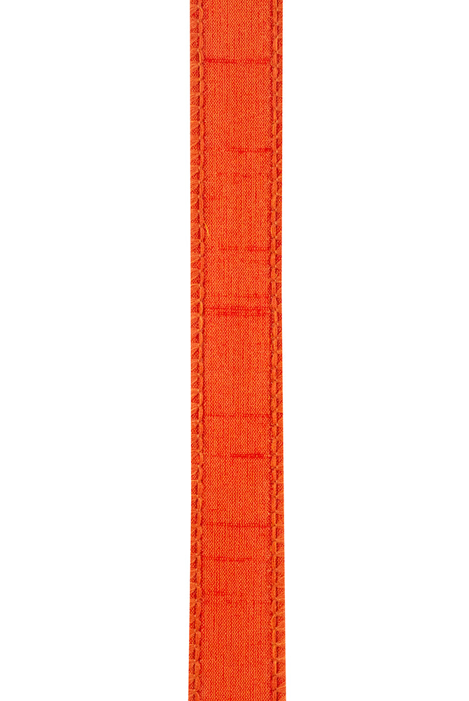 7/8-inch vibrant orange Dupioni Supreme ribbon with a textured weave and stitched wired edges.