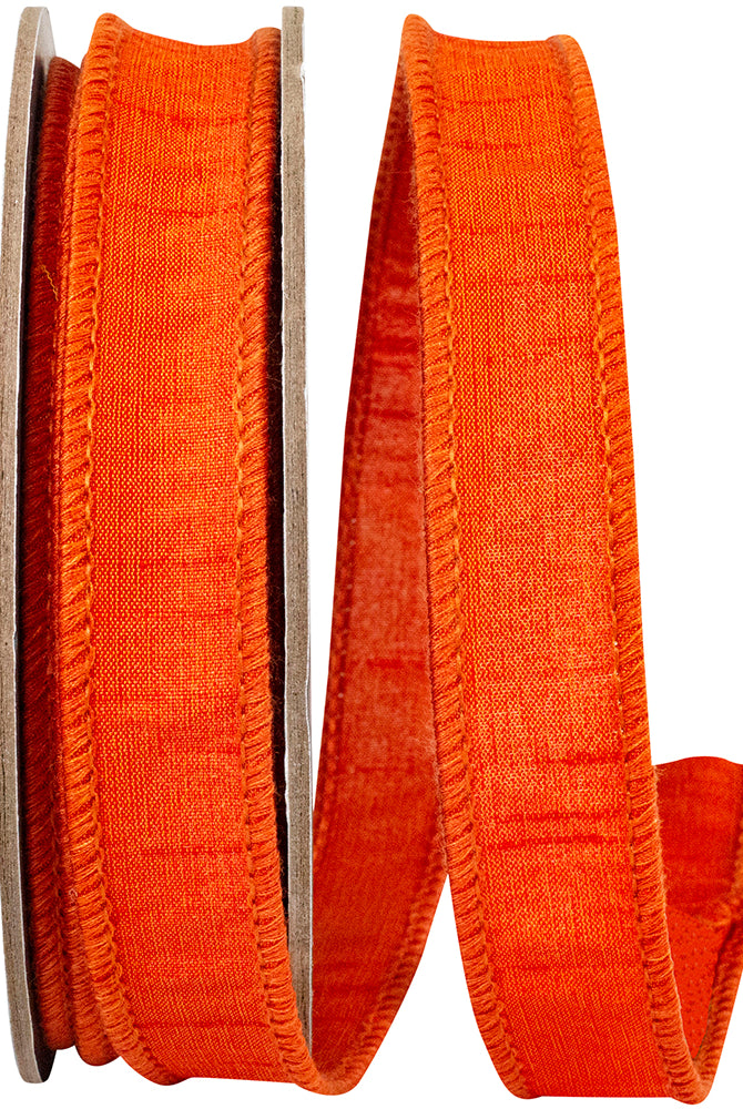 7/8 inch orange Dupioni Supreme wired edge ribbon on a spool with a textured fabric weave.