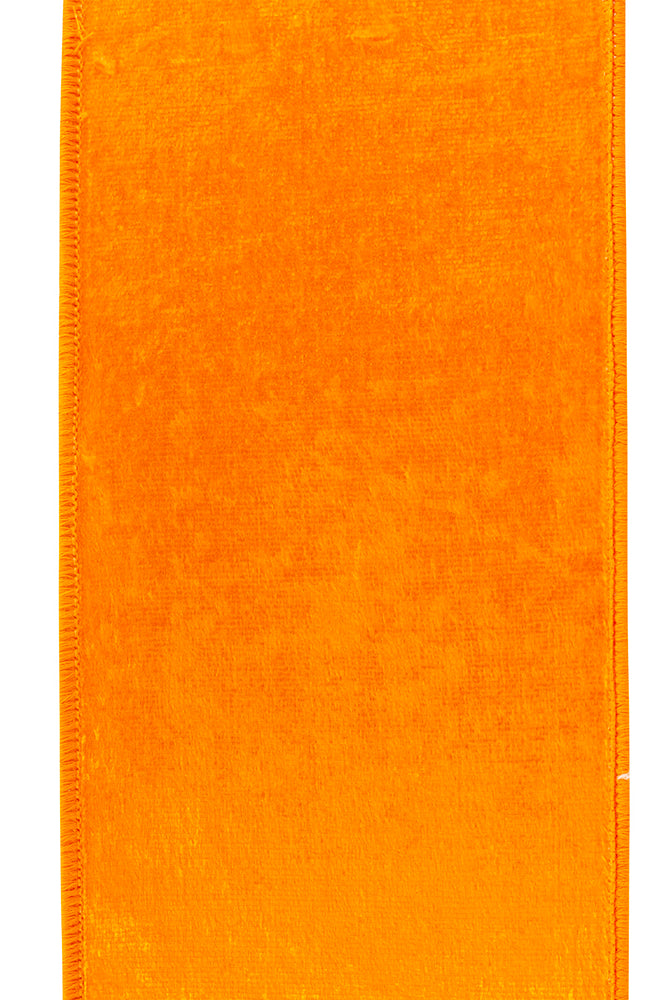 4-inch wide orange velvet ribbon with wired edges for craft projects and gift wrapping.