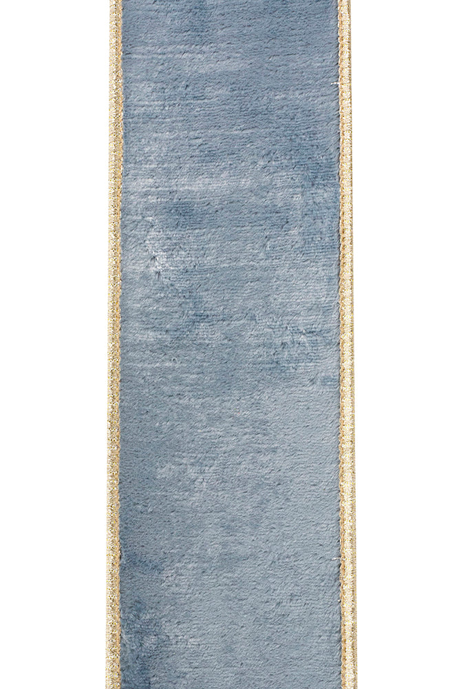 Textured blue velvet ribbon with shimmering gold metallic edges for holiday crafting and seasonal decor.