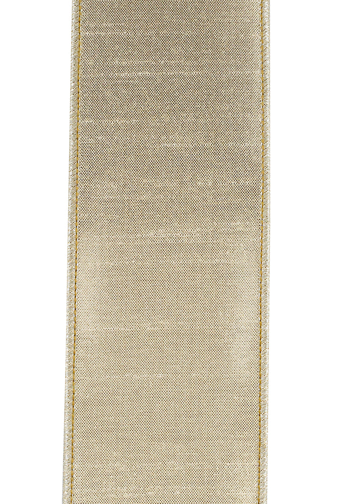 2.5-inch metallic gold dupioni ribbon with a textured finish and stitched wired edges.