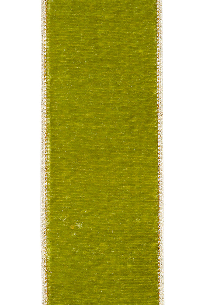2.5-inch green grass velvet ribbon with metallic gold wired edges and a luxurious dupioni texture.