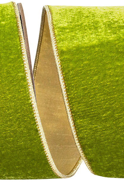 2.5-inch green grass velvet ribbon with metallic gold backing and wired edges.