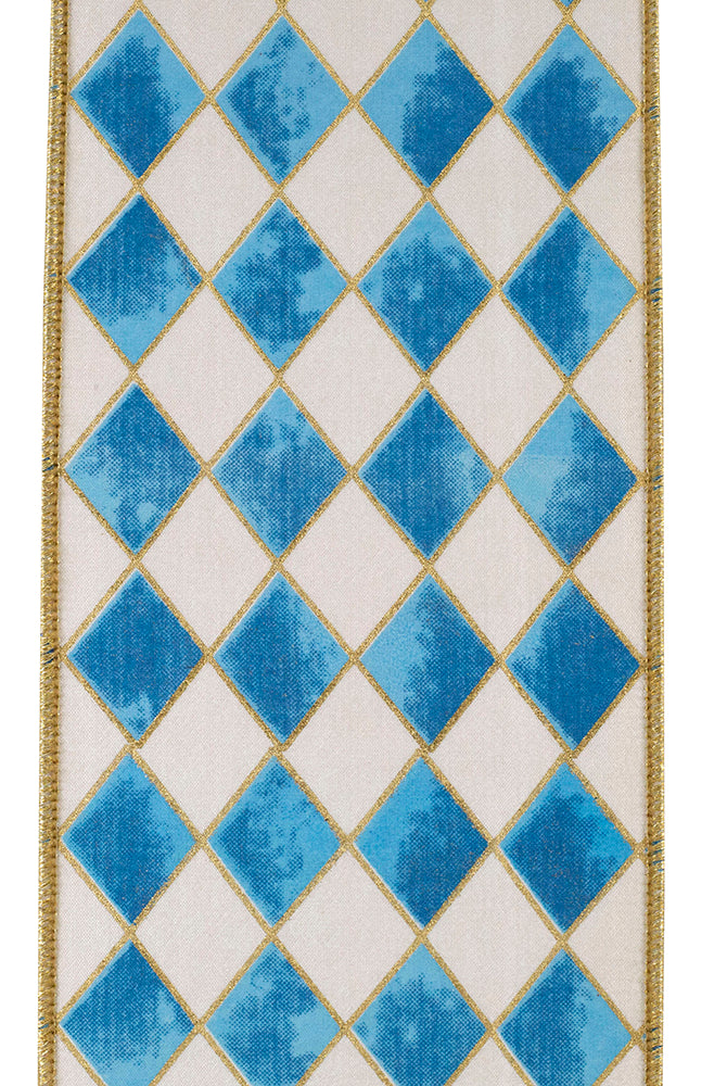 Blue and gold harlequin diamond pattern ribbon with a metallic gold wired edge for seasonal crafts and wreaths.
