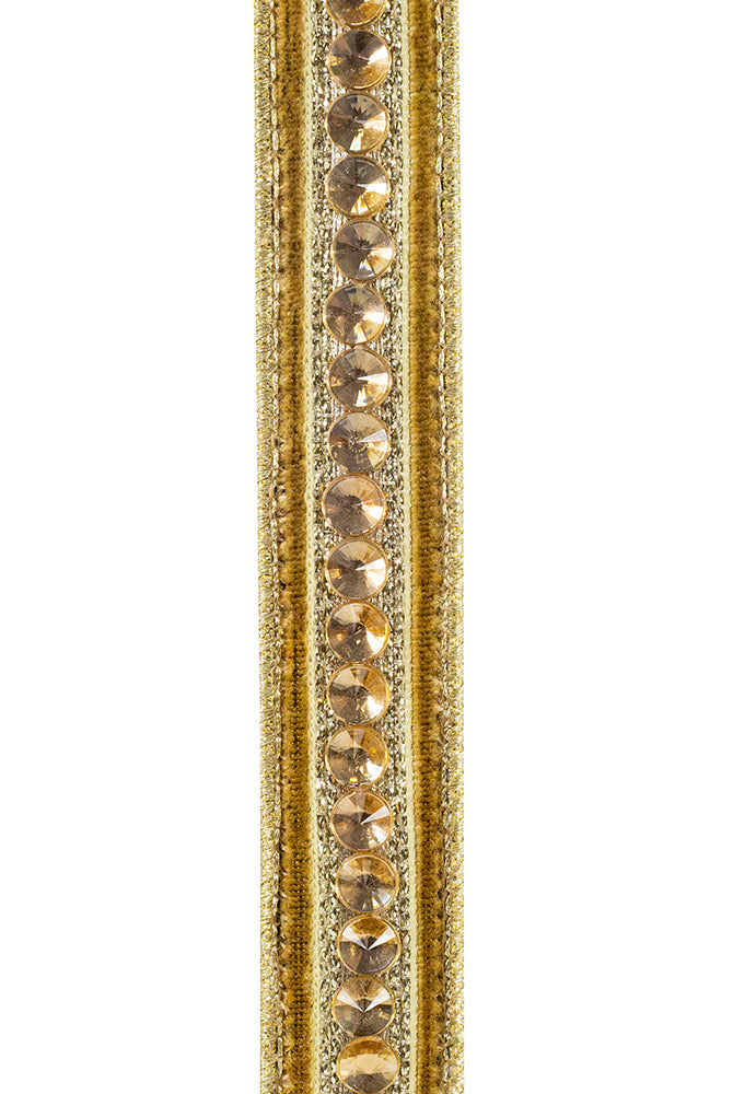 Gold velvet ribbon trim featuring a central row of sparkling round jewel accents.