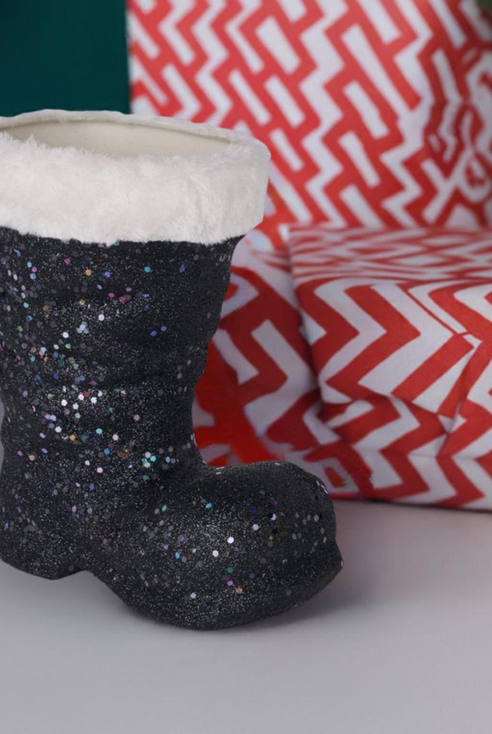 9.5" Glitter Fur Santa Boot: Black