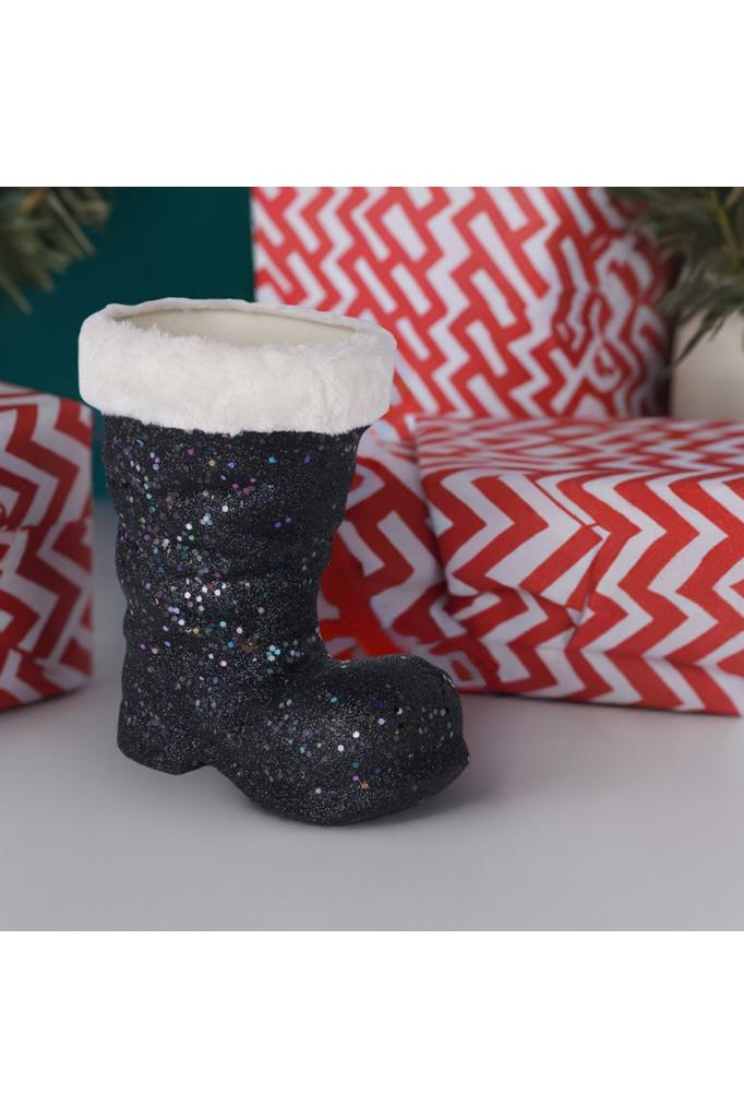 9.5" Glitter Fur Santa Boot: Black - Michelle's aDOORable Creations - Holiday Ornaments