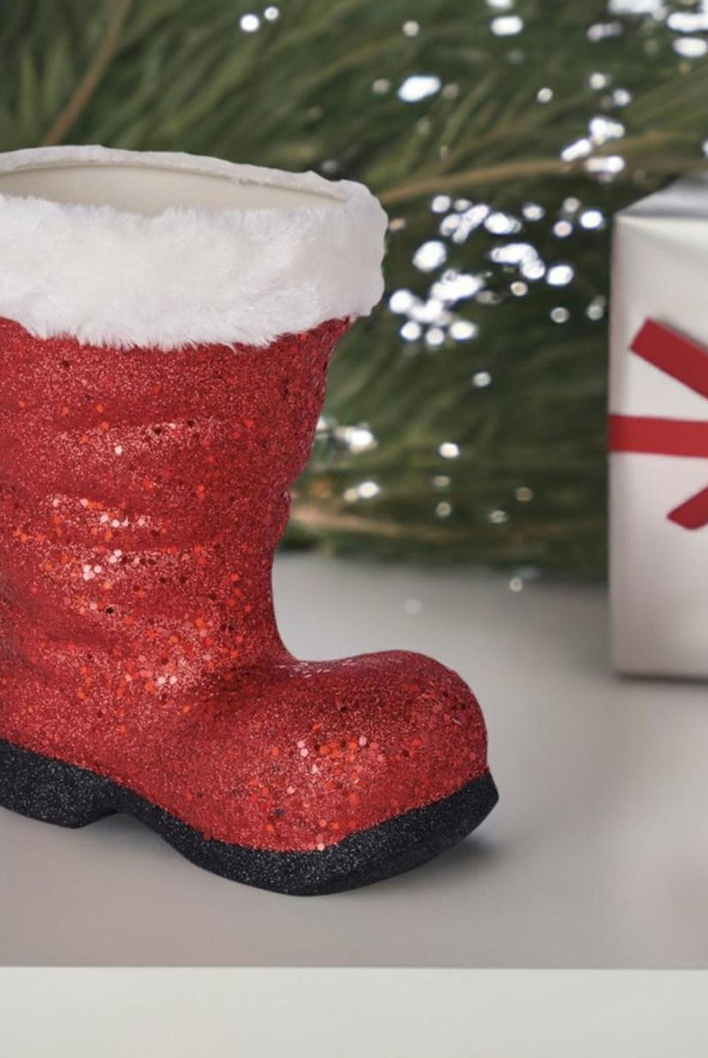 9.5" Glitter Fur Santa Boot: Red