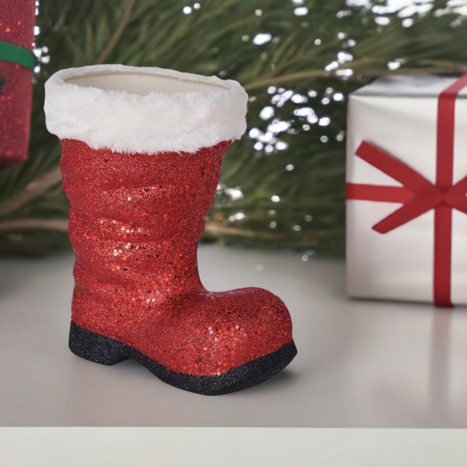 9.5" Glitter Fur Santa Boot: Red