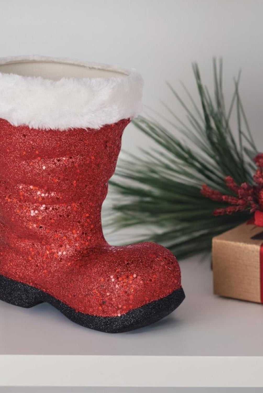 9.5" Glitter Fur Santa Boot: Red