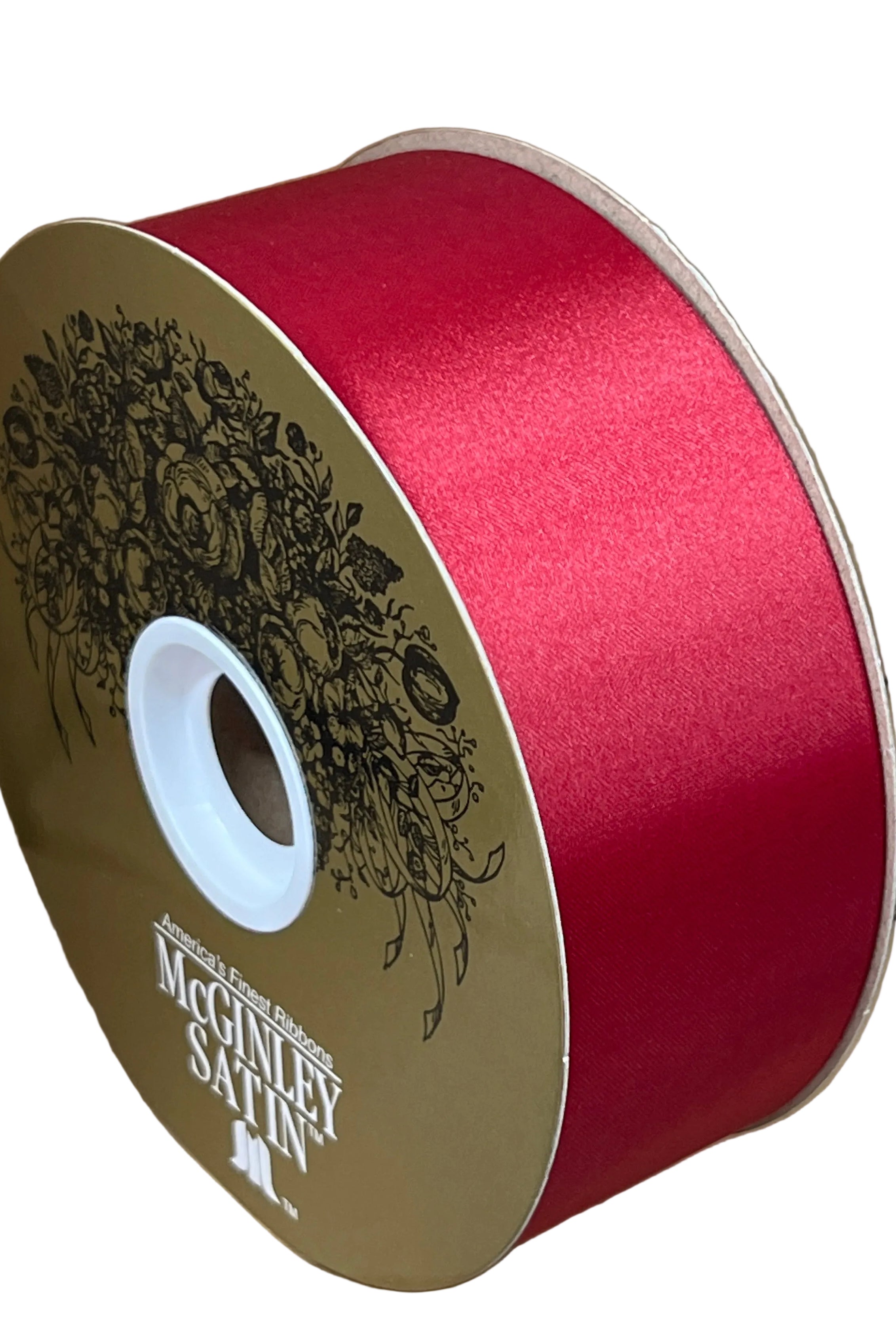 100-yard spool of 2-inch wide non-wired holiday red satin acetate ribbon with a smooth, luxurious finish.