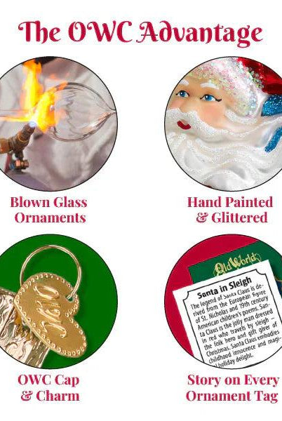 Four circular panels showing blown glass, hand-painted details, OWC charm, and descriptive story tags for ornaments.