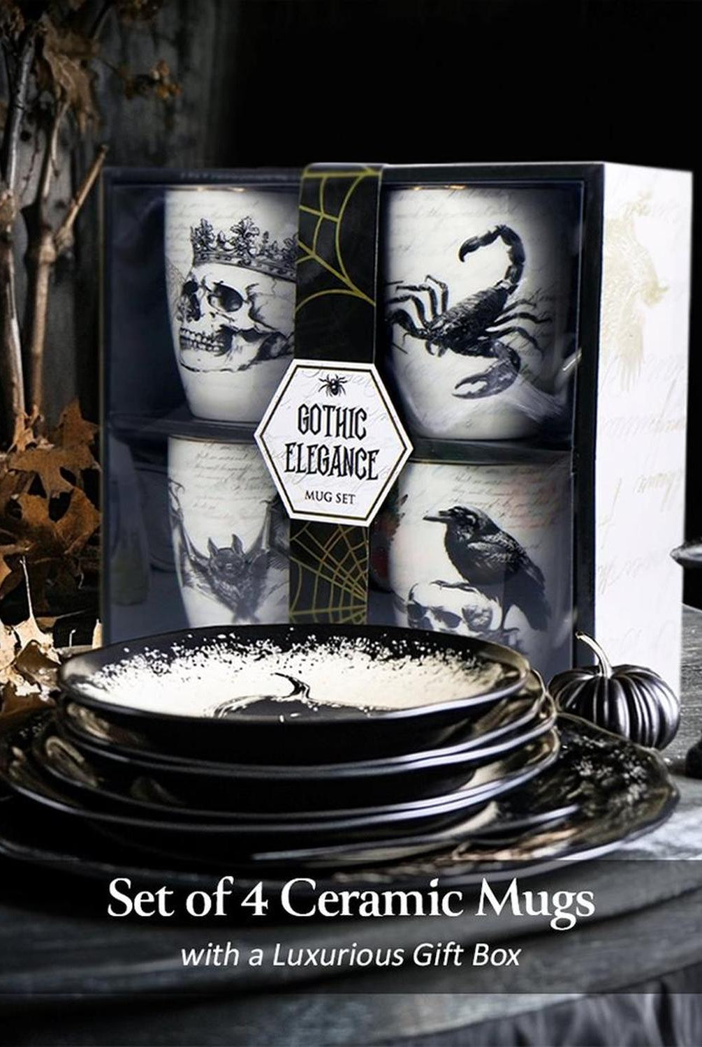 Elegant Halloween Goth Set of 4 Ceramic Mugs